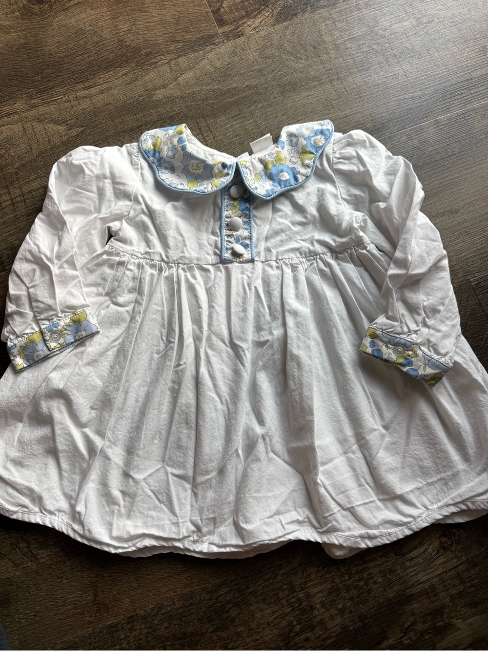 White Dress with Blue and Yellow Floral Trim - Peter Pan Collar